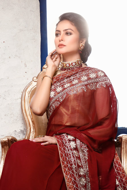 Aari Embroidered Brocade Chiffon Saree | SIRA | SR202058