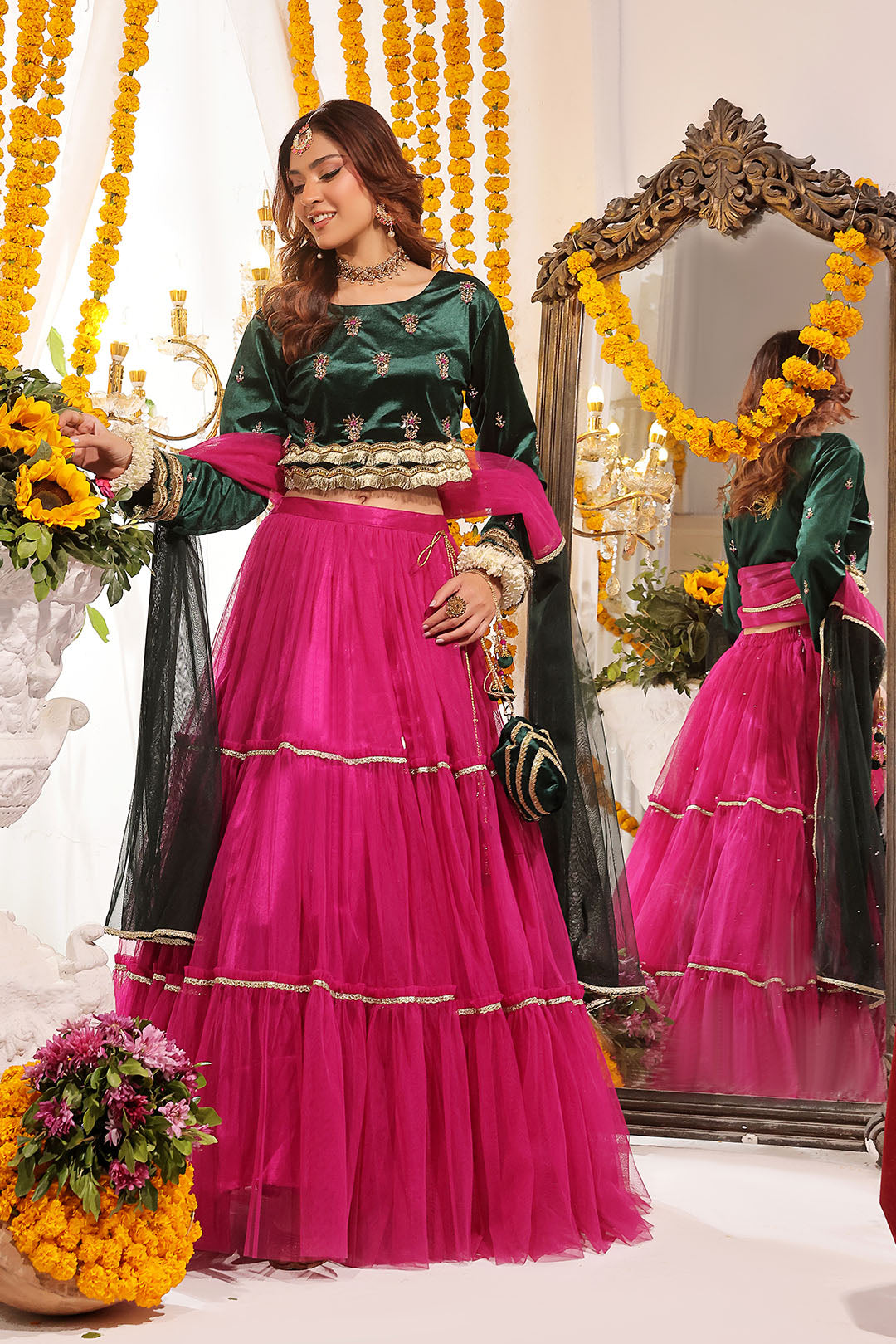 Embroidered Velvet Net Lehenga Choli | SHENDI | L123149