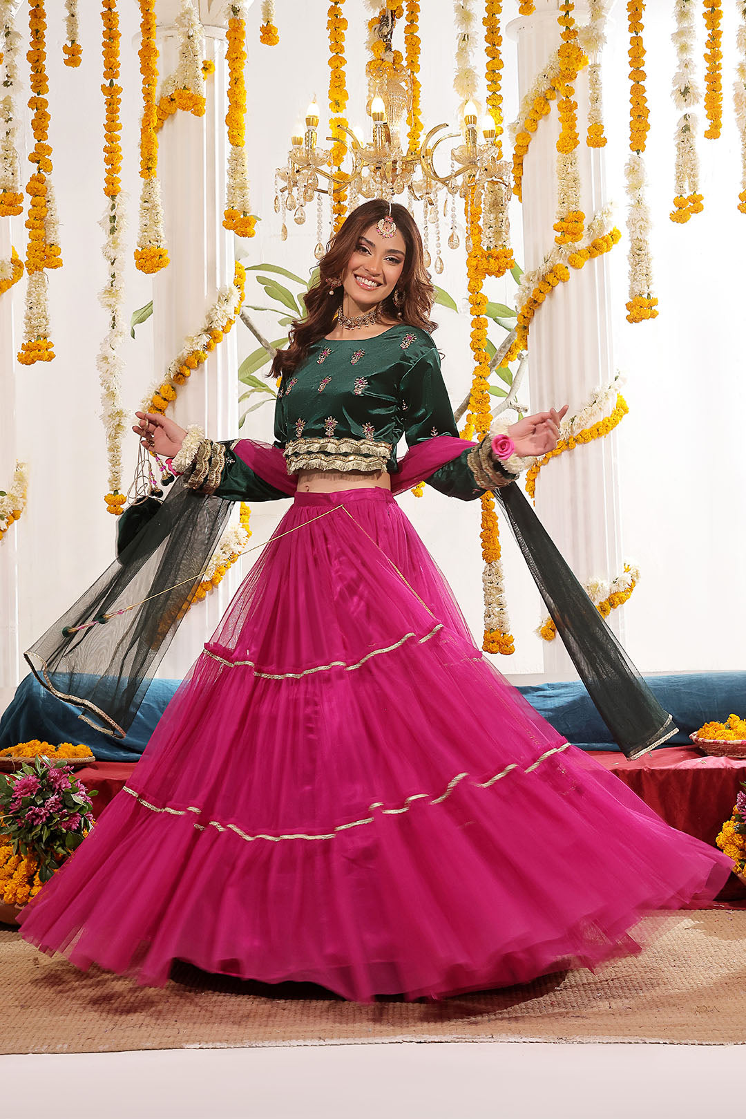 Embroidered Velvet Net Lehenga Choli | SHENDI | L123149