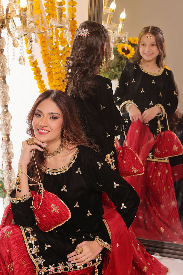 Mirror Embroidered Velvet Net Plazo Suit | SHENDI | P3249