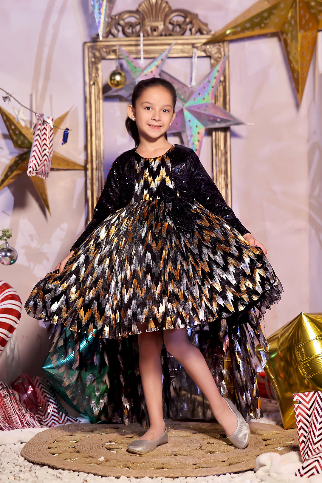 Zigzag Metallic Printed Frock | Winter Festive | F2318