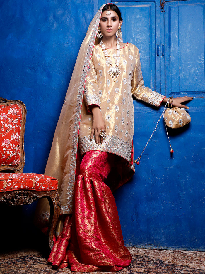 Aari Handwork Embroidered Brocade Gharara Suit | SIRA | G202041