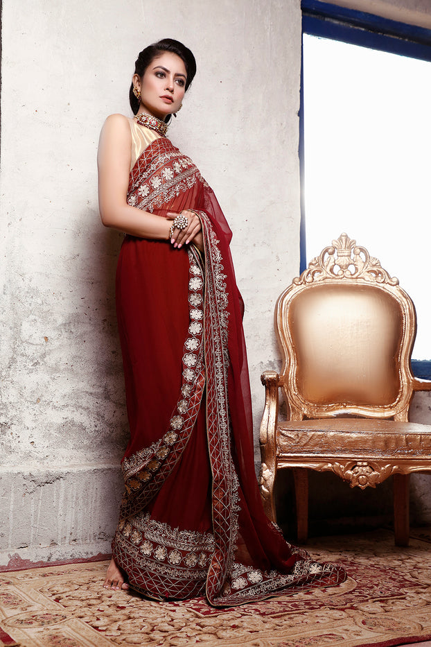 Aari Embroidered Brocade Chiffon Saree | SIRA | SR202058
