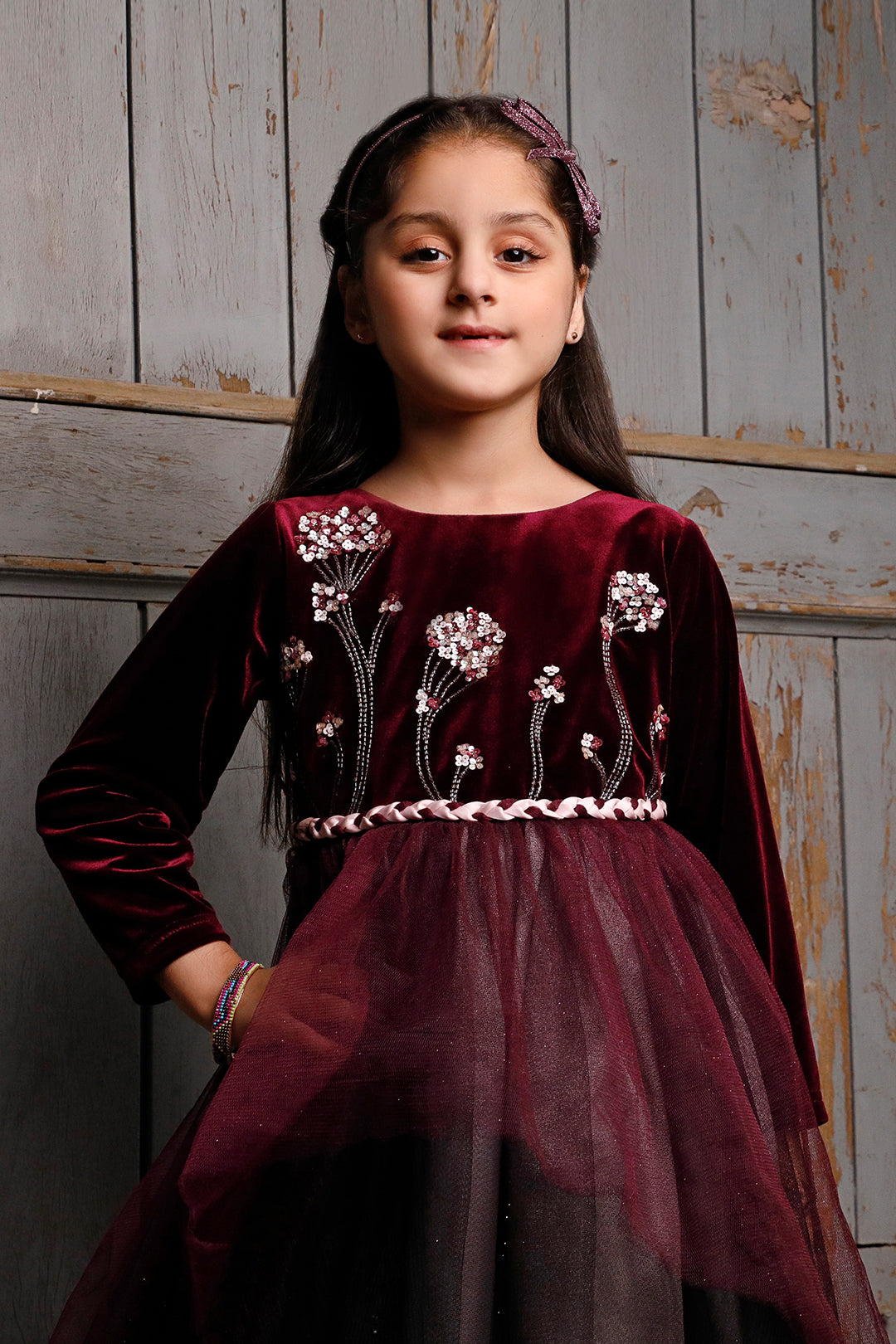 Handwork Embroidered Velvet Three Tone Frock | WC1920 | F2042