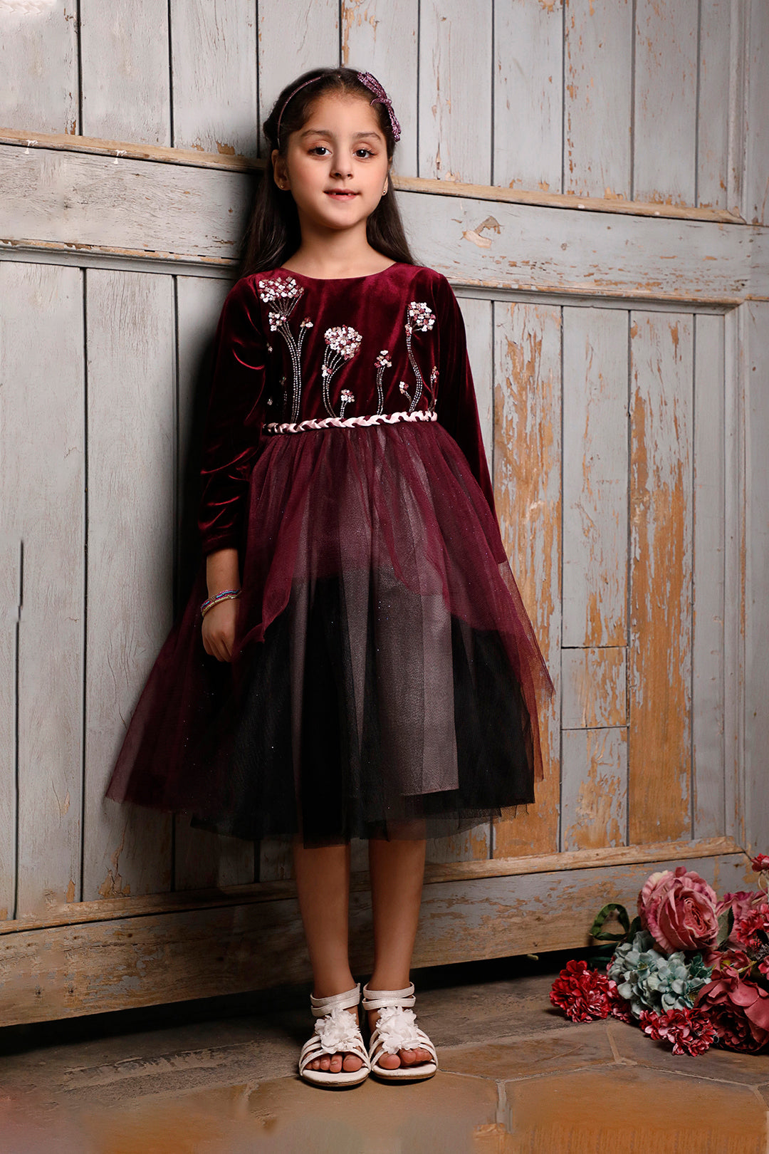 Handwork Embroidered Velvet Three Tone Frock | WC1920 | F2042