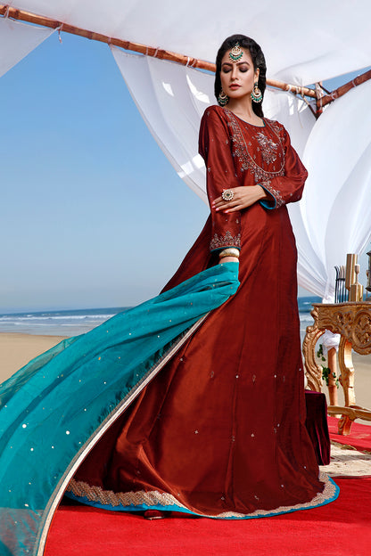 Handwork Embroidered Raw Silk Long Maxi | SIRA | M202050