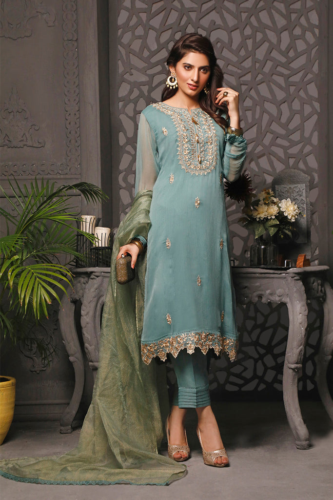 Antique Zari Embroidered Chiffon Organza 3pc Suit | Nikhaar | S781 – SANA'S