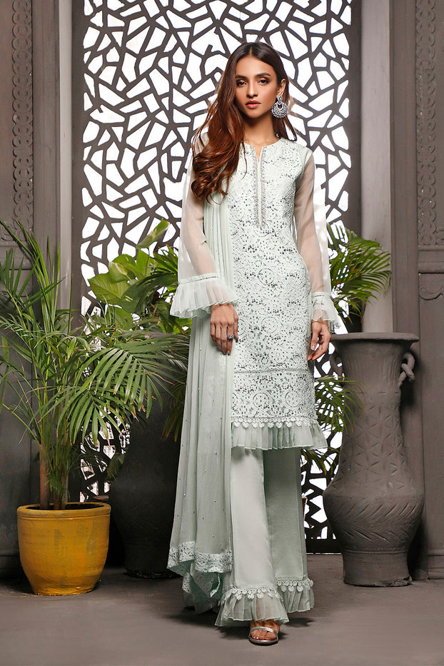 Zari Lace Handwork Embroidered Net 3pc Suit | Nikhaar | S782