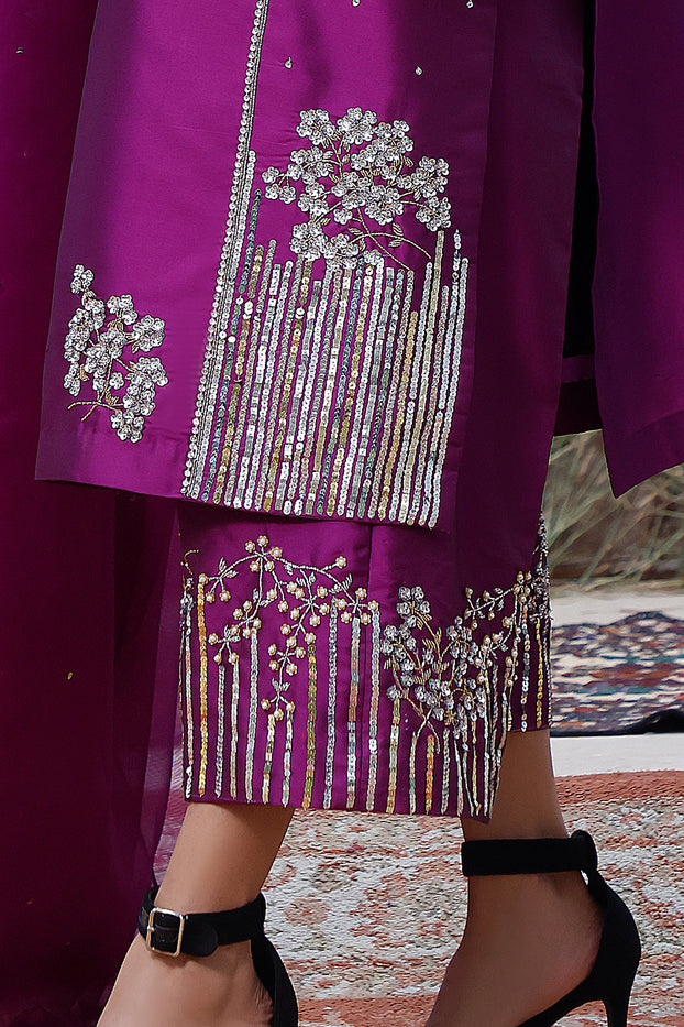 Handwork Embroidered Lychee Silk 3pc Suit | MEHRU | S202159