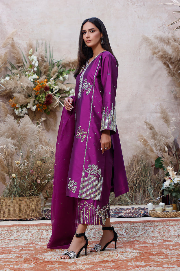 Handwork Embroidered Lychee Silk 3pc Suit | MEHRU | S202159