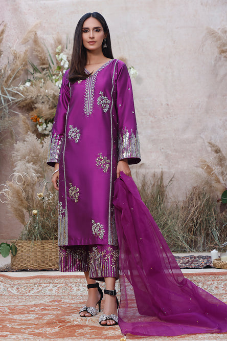 Handwork Embroidered Lychee Silk 3pc Suit | MEHRU | S202159