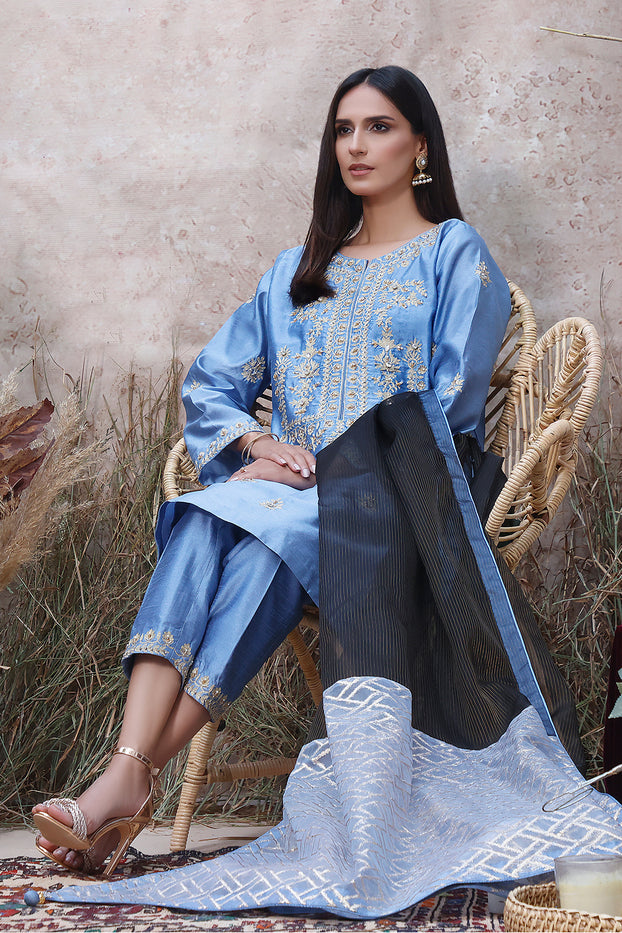 Raw Silk Aari Embroidered 3pc Luxury Pret | MEHRU | s202174
