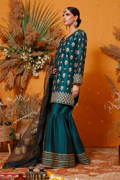 Zari Embroidered Raw Silk Gharara Suit | G202373