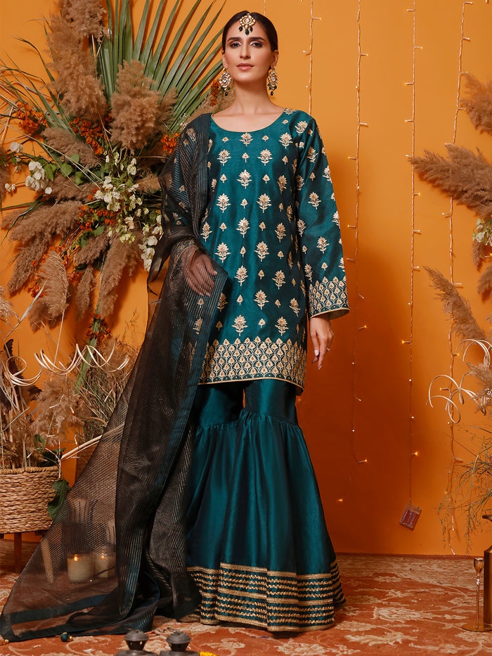 Zari Embroidered Raw Silk Gharara Suit | MEHRU | G202157