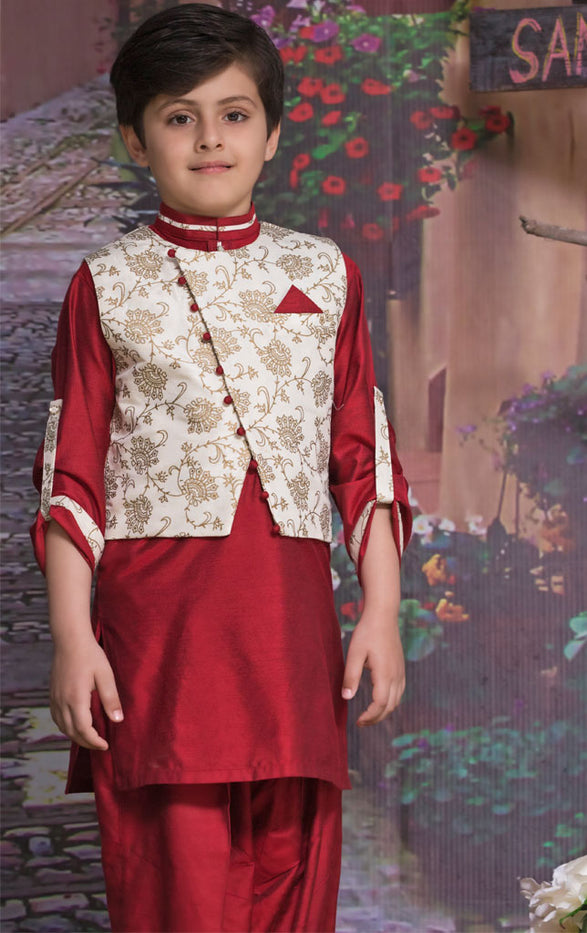 Raw Silk Kurta Shalwar Waistcoat Suit | SS18 | B527 - SANA'S