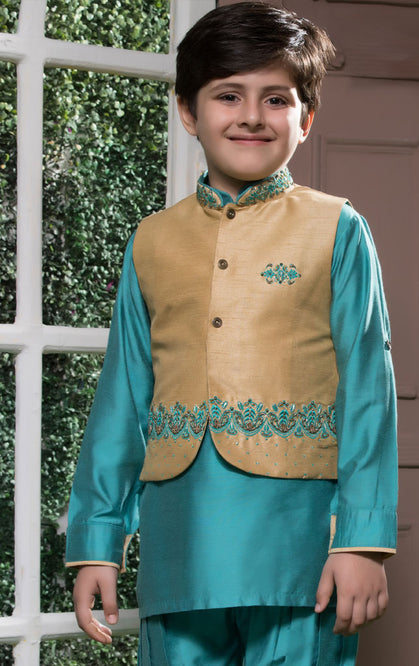 Raw Silk Kurta Shalwar Waistcoat Suit | SS18 | B532 - SANA'S
