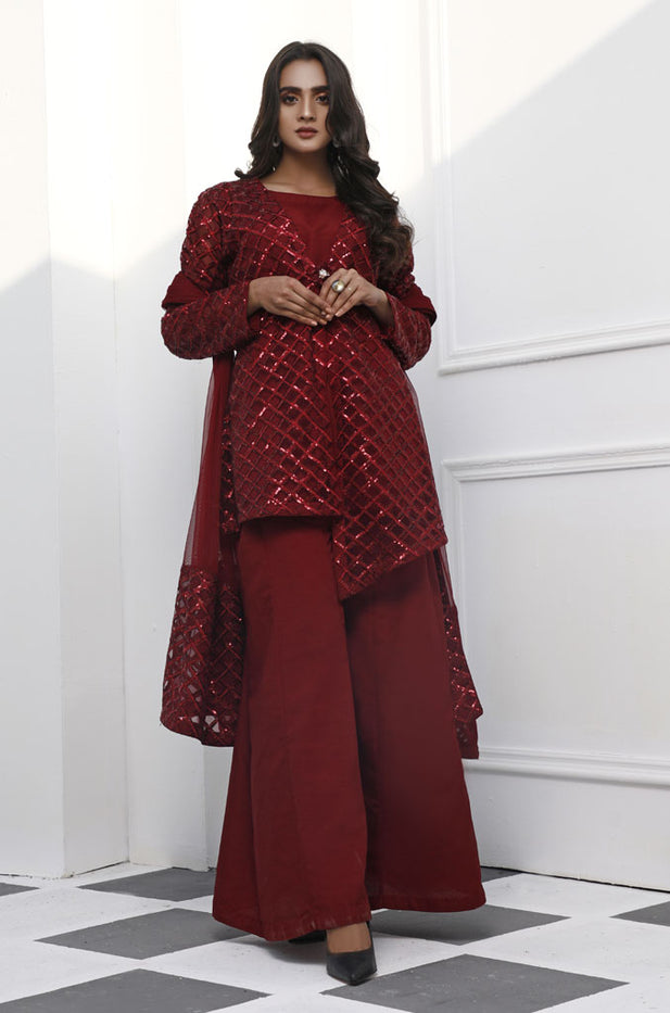 Crisscross Self Sequins Raw Silk 3pc Suit | Valentines Special | S762