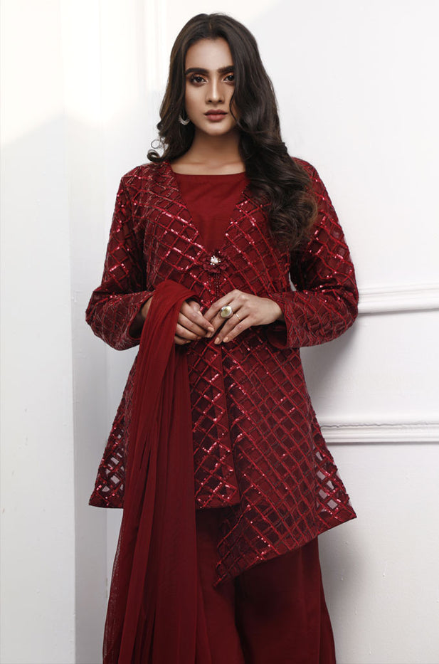Crisscross Self Sequins Raw Silk 3pc Suit | Valentines Special | S762