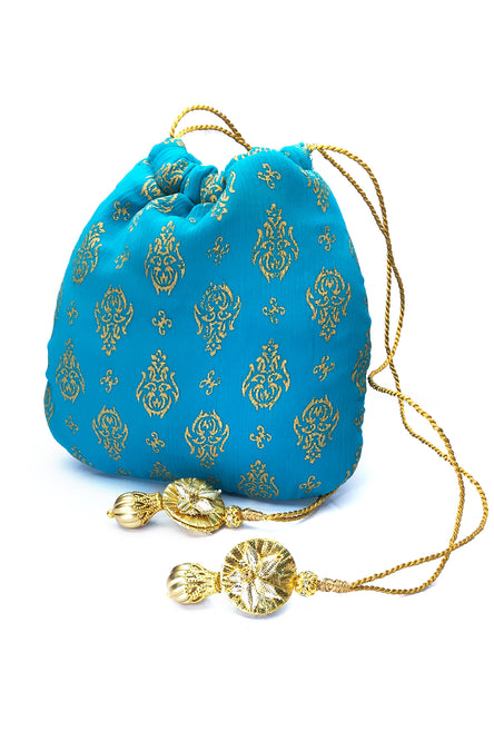 Gold Block Printed Chiffon Pouch with Tassels